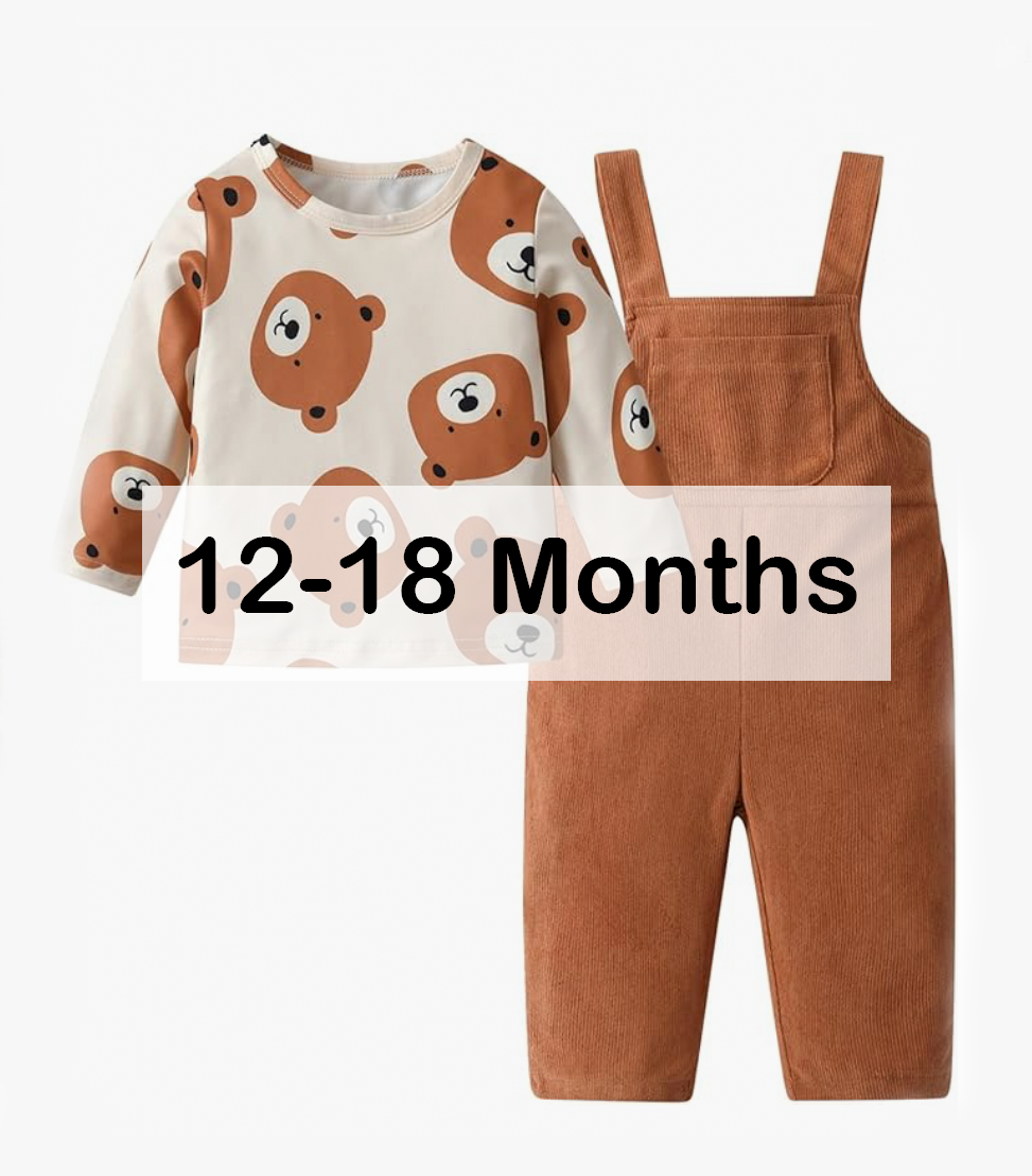 Baby bear print long sleeve top and brown corduroy overalls set, size 12-18 months.