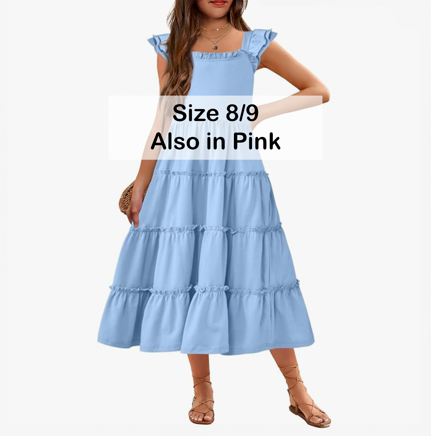 Light blue ruffled tiered midi dress with flutter sleeves in size 8/9, also in pink.