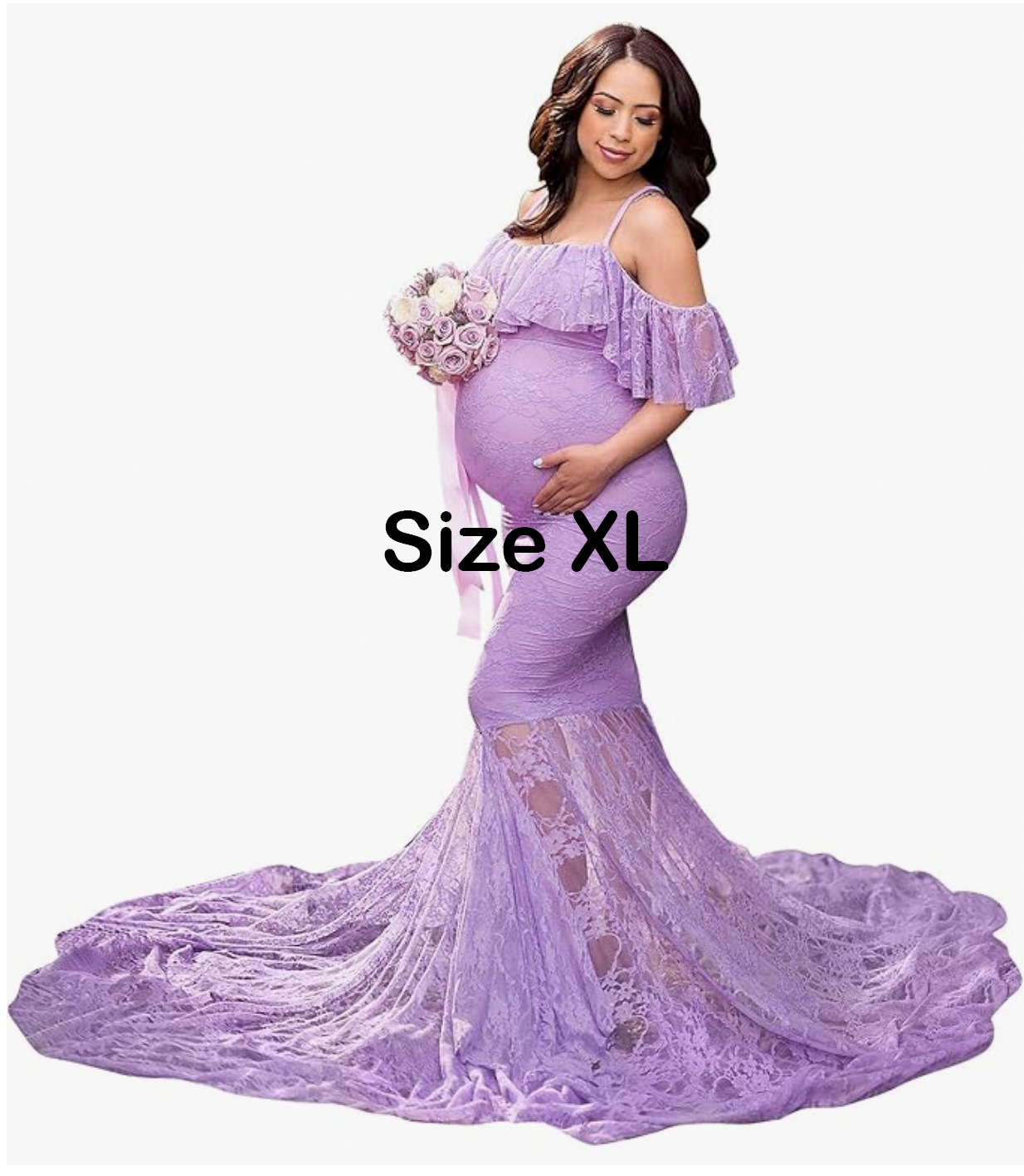 Pregnant woman in lavender lace off-shoulder mermaid maternity gown with floral bouquet, size XL.