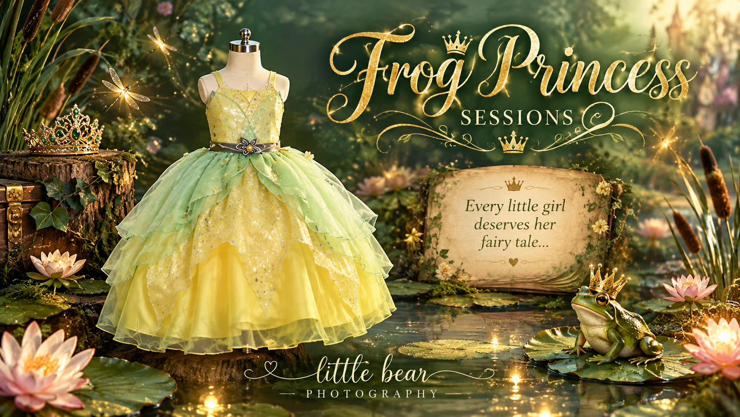 Frog Princess photography session banner featuring a yellow-green ballgown on a mannequin in an enchanted lily pad garden.