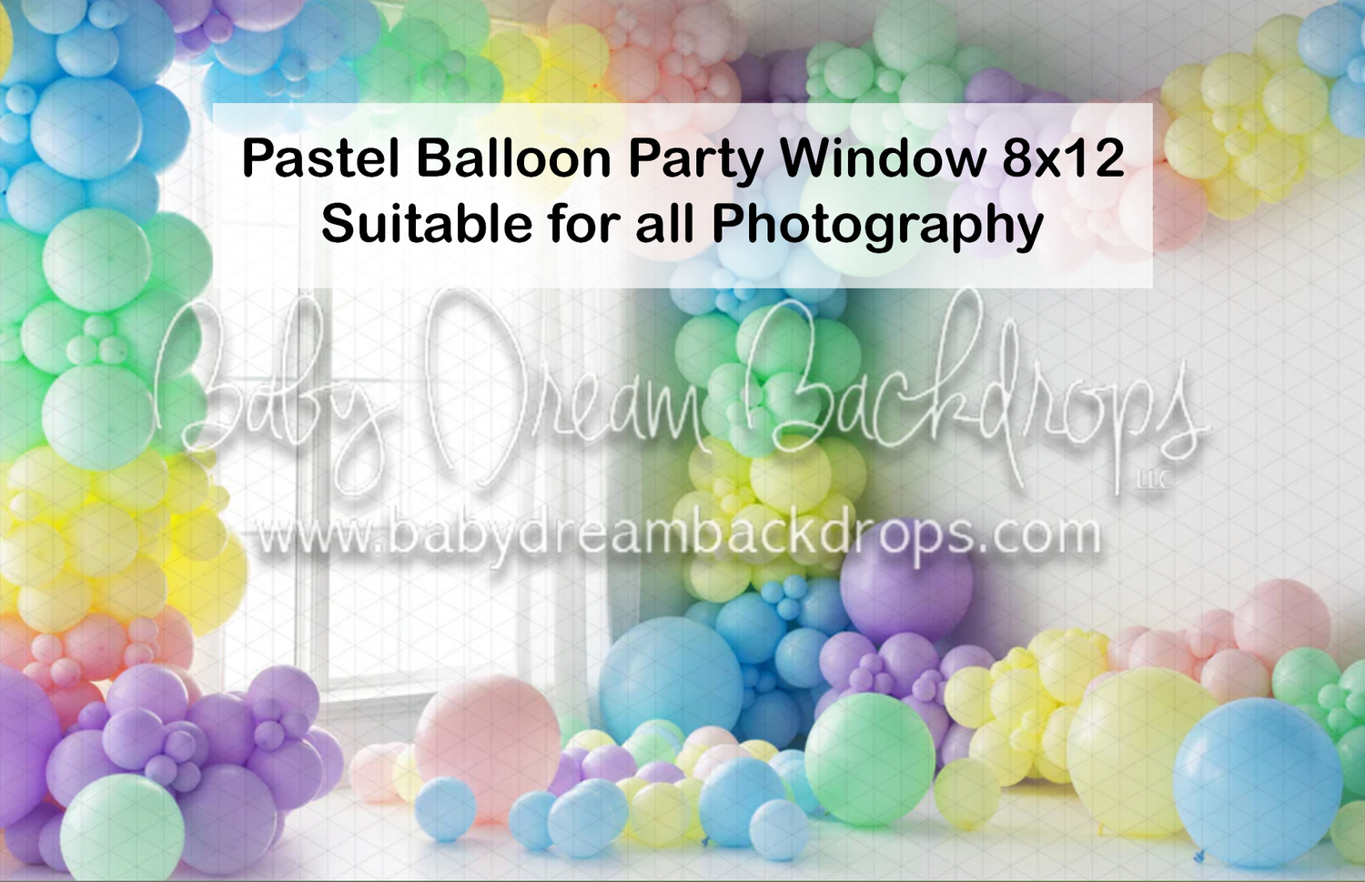 Colorful pastel balloon party window photography backdrop with rainbow balloon arch for celebrations.