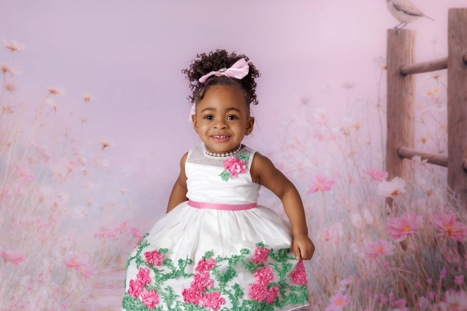 A young girl in a white floral dress with pink bow poses smiling against a soft purple floral studio backdrop.