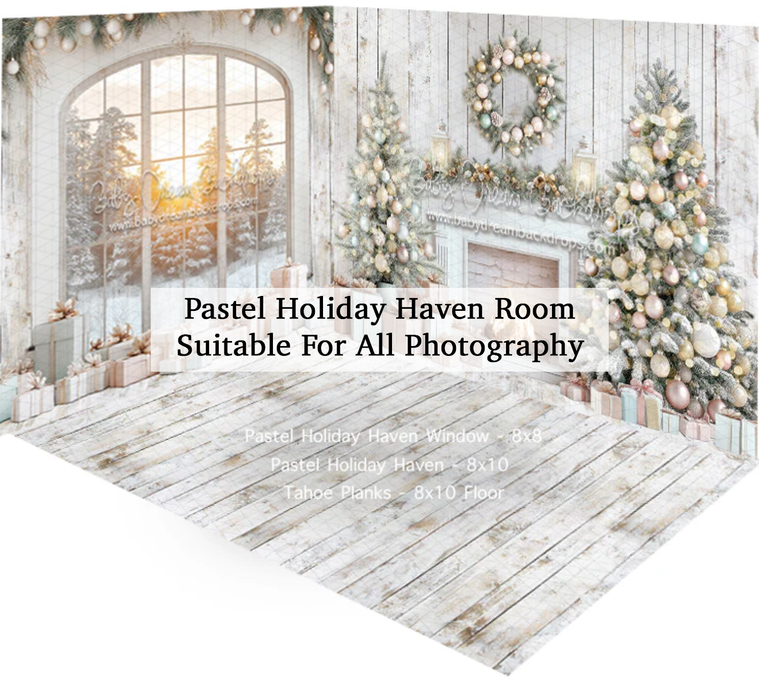 Pastel holiday photography backdrop featuring Christmas trees, fireplace, snowy window view, and white wood floor.