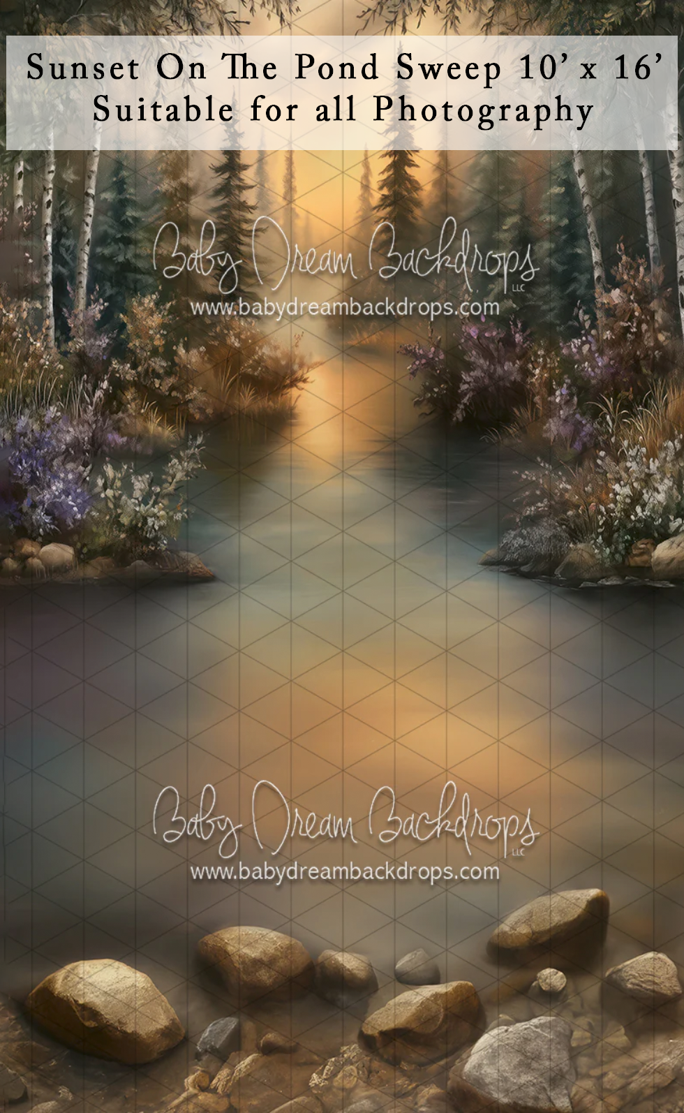 Baby Dream Backdrops Sunset On The Pond Sweep 10x16ft photography backdrop featuring a serene forest pond at golden hour.