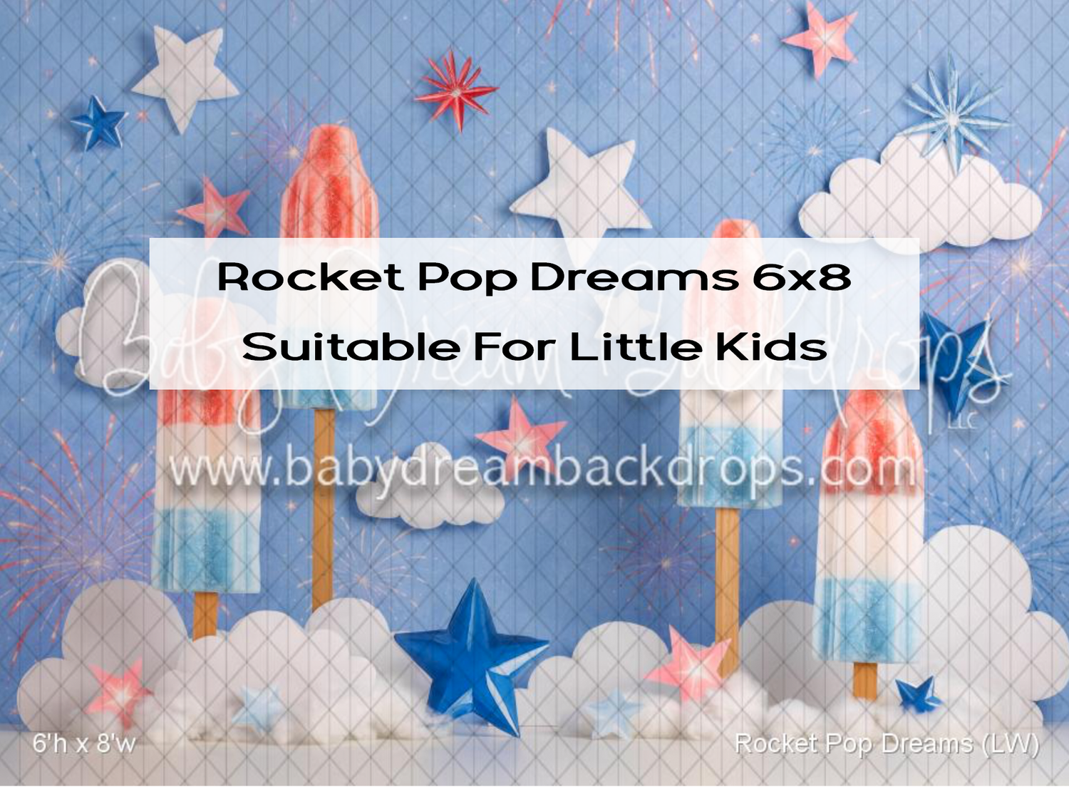 Rocket Pop Dreams 6x8 photography backdrop featuring colorful popsicles, rockets, stars, and clouds on a blue background.