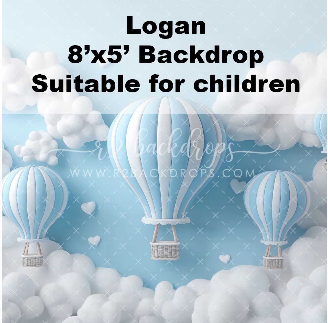 Blue and white hot air balloons floating among fluffy clouds on a light blue quilted children's photo backdrop.