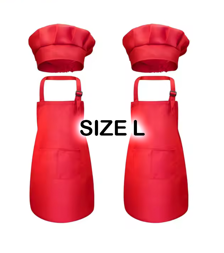 Red Size L children's chef apron and hat set, featuring front pocket and adjustable neck strap.