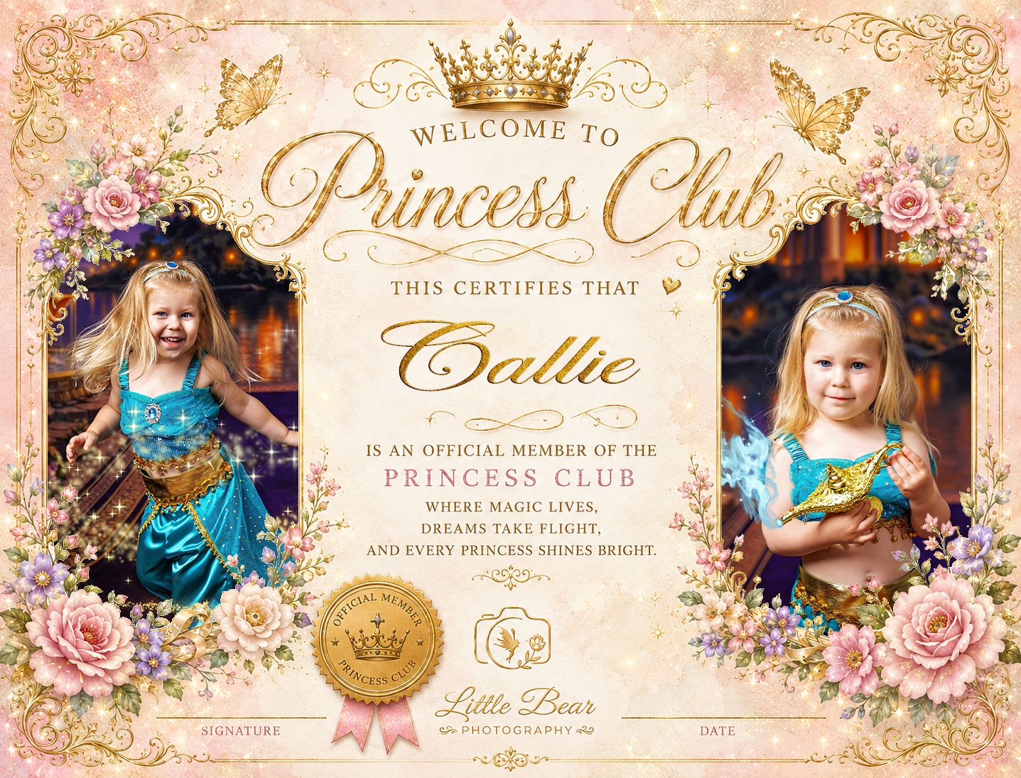 A decorative Princess Club certificate for Callie featuring two photos of a young girl in princess costumes, surrounded by pink roses.