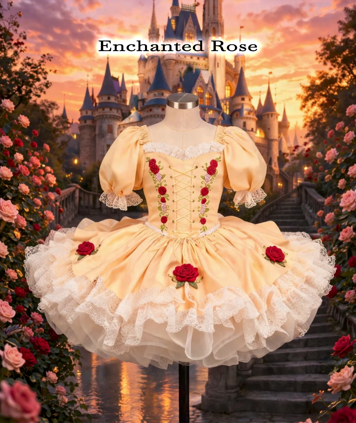 Yellow Belle-inspired girls tutu dress with red roses and lace trim, displayed before an enchanted castle backdrop.