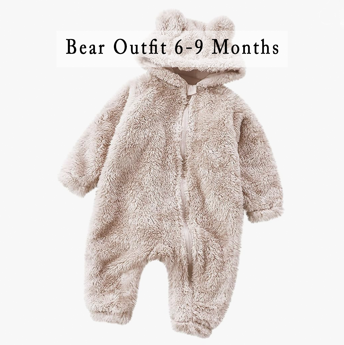 Fluffy bear-ear hooded baby romper in beige, size 6-9 months.
