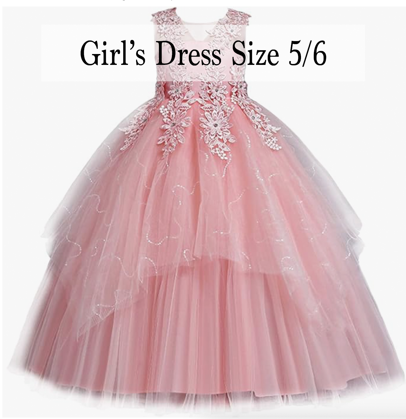 Pink layered tulle lace applique formal gown for girls size 5/6.