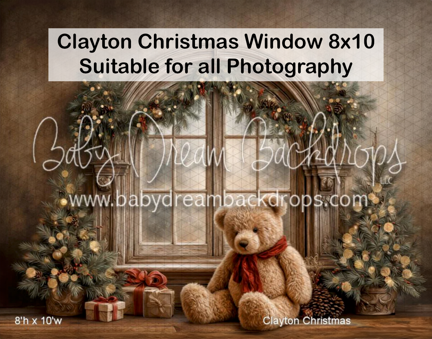 Clayton Christmas Window photography backdrop featuring teddy bear, gifts, and decorated window, 8x10ft.