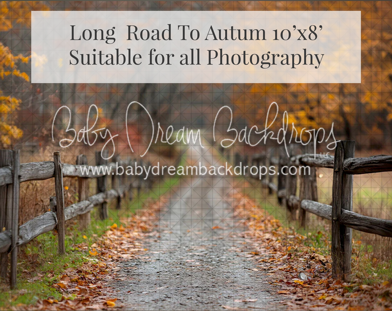 Long autumn road with wooden fences and fallen leaves photography backdrop, 10x8ft by Baby Dream Backdrops.