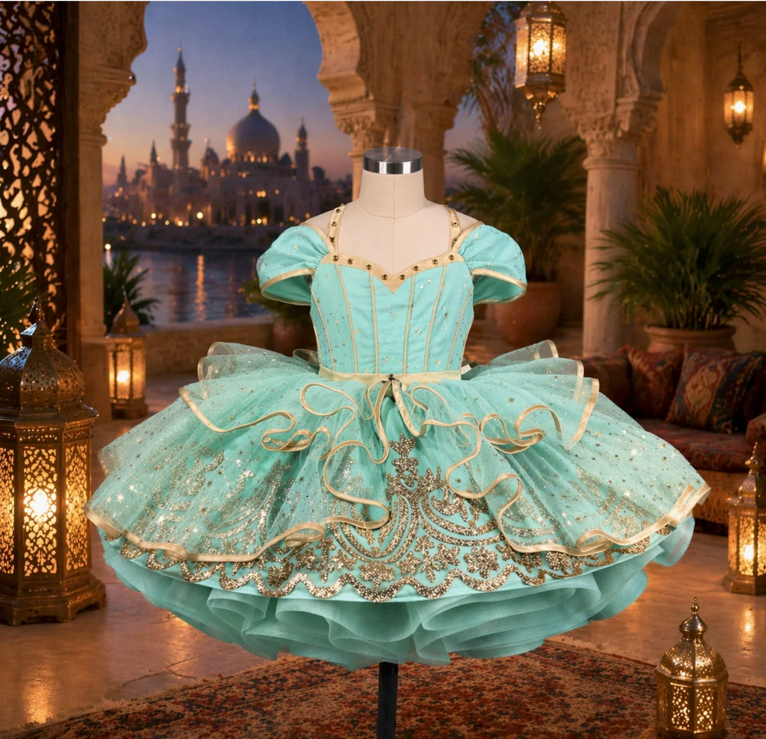 Mint green girls pageant dress with gold embroidery and ruffled tulle skirt displayed on mannequin in Arabian setting.