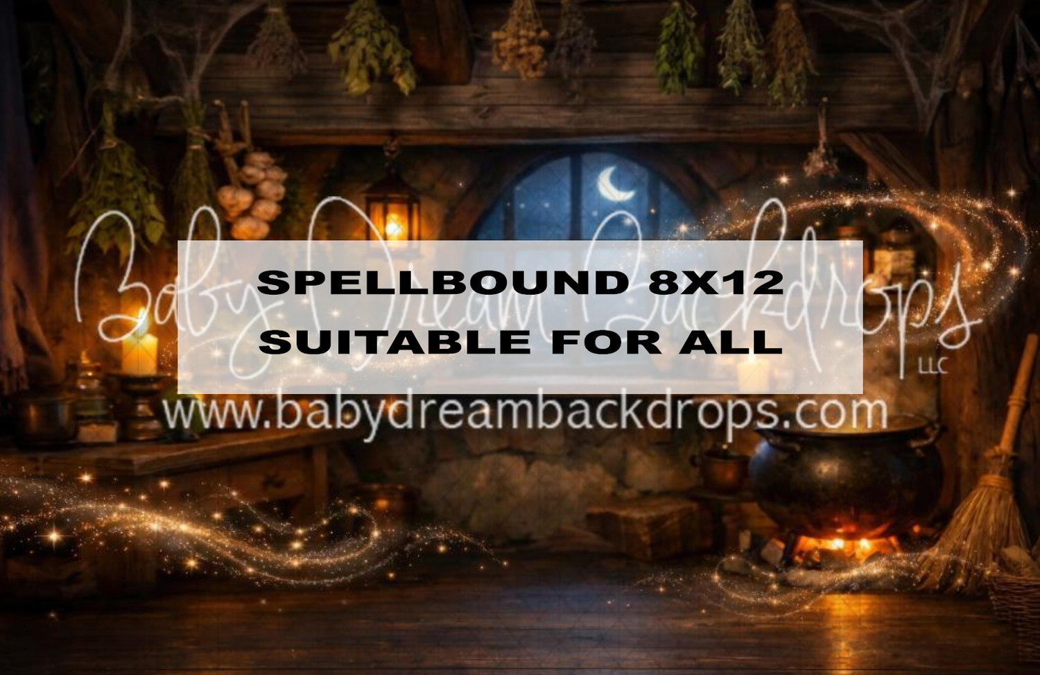 Spellbound 8x12 Halloween photography backdrop with witch cauldron, candles, and moonlit window by Baby Dream Backdrops.