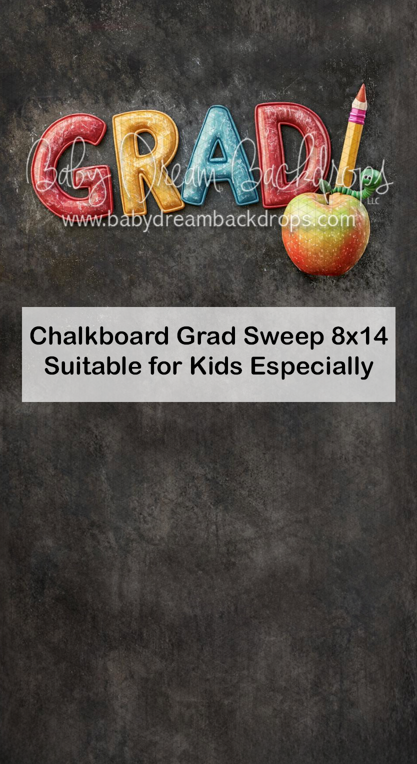 Chalkboard Grad sweep backdrop 8x14, featuring colorful GRAD text with apple and pencil, ideal for kids graduation photos.