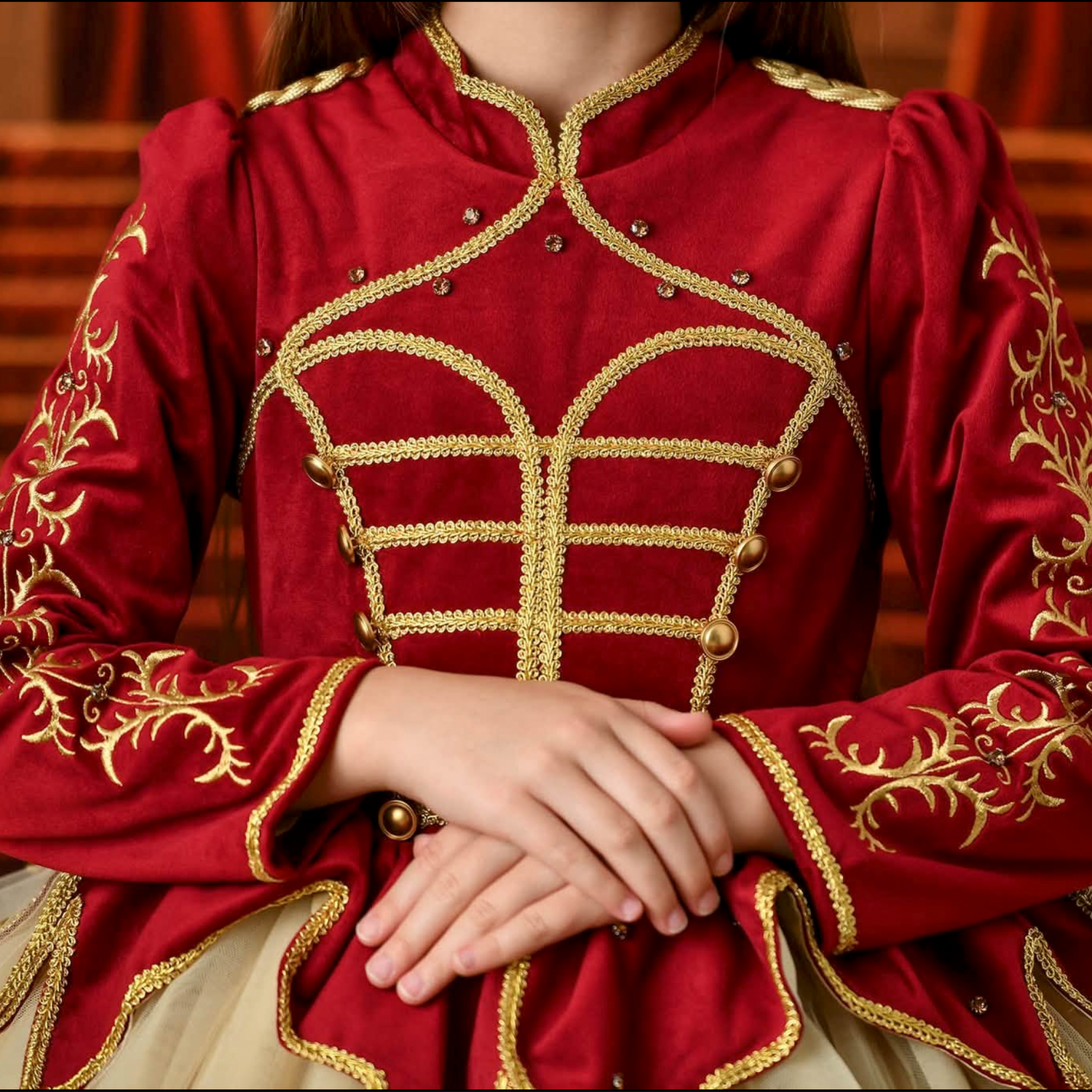 Red and gold military-style dress with intricate embroidery and brass buttons, worn by a woman with clasped hands.