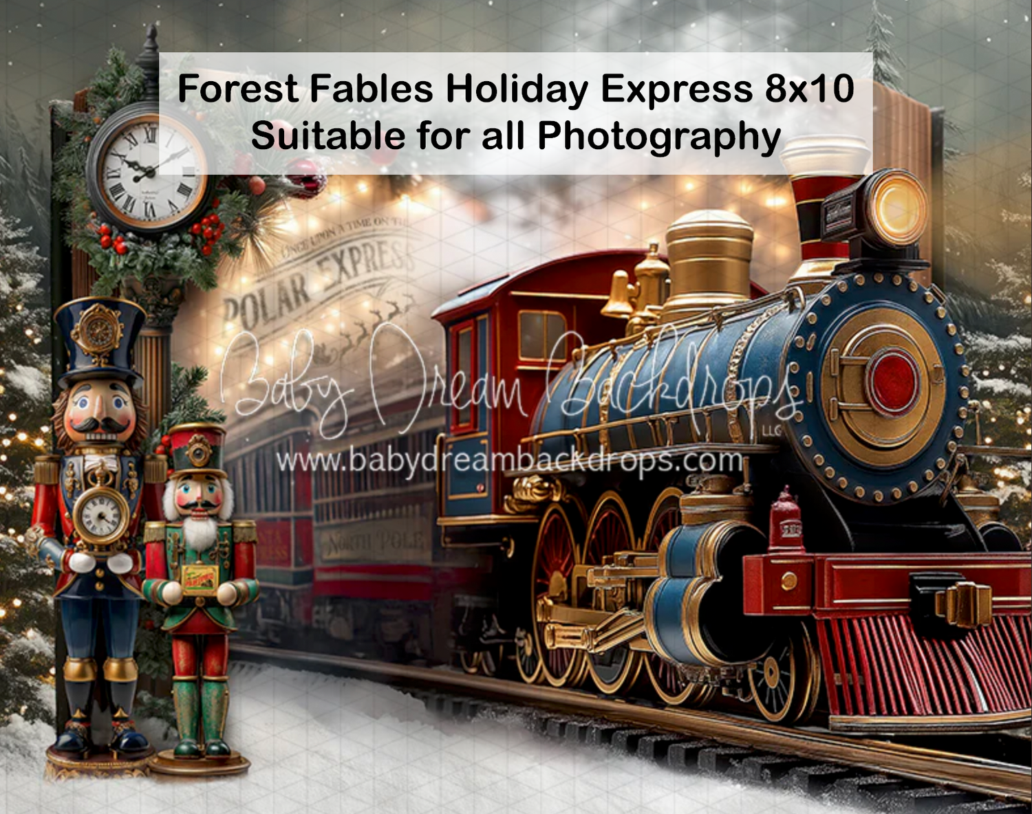Forest Fables Holiday Express backdrop featuring a vintage train, nutcrackers, and snowy scene, 8x10ft.