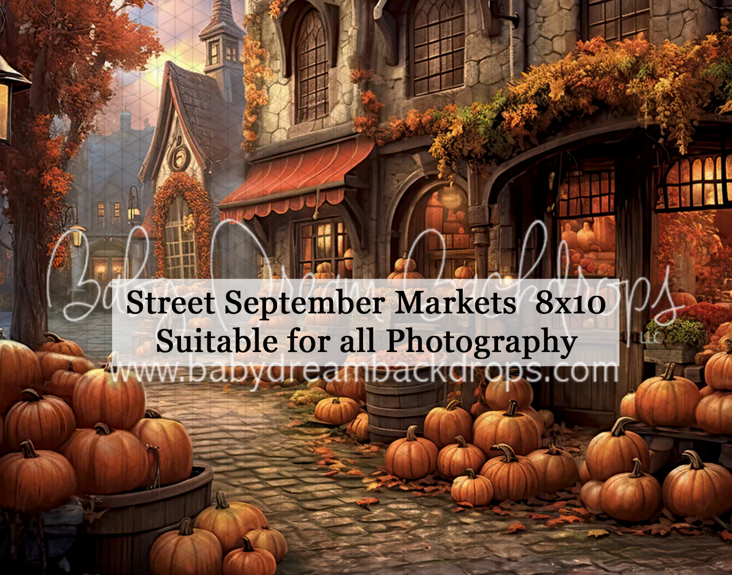 Autumn street market scene with pumpkins and historic buildings photography backdrop, 8x10ft.