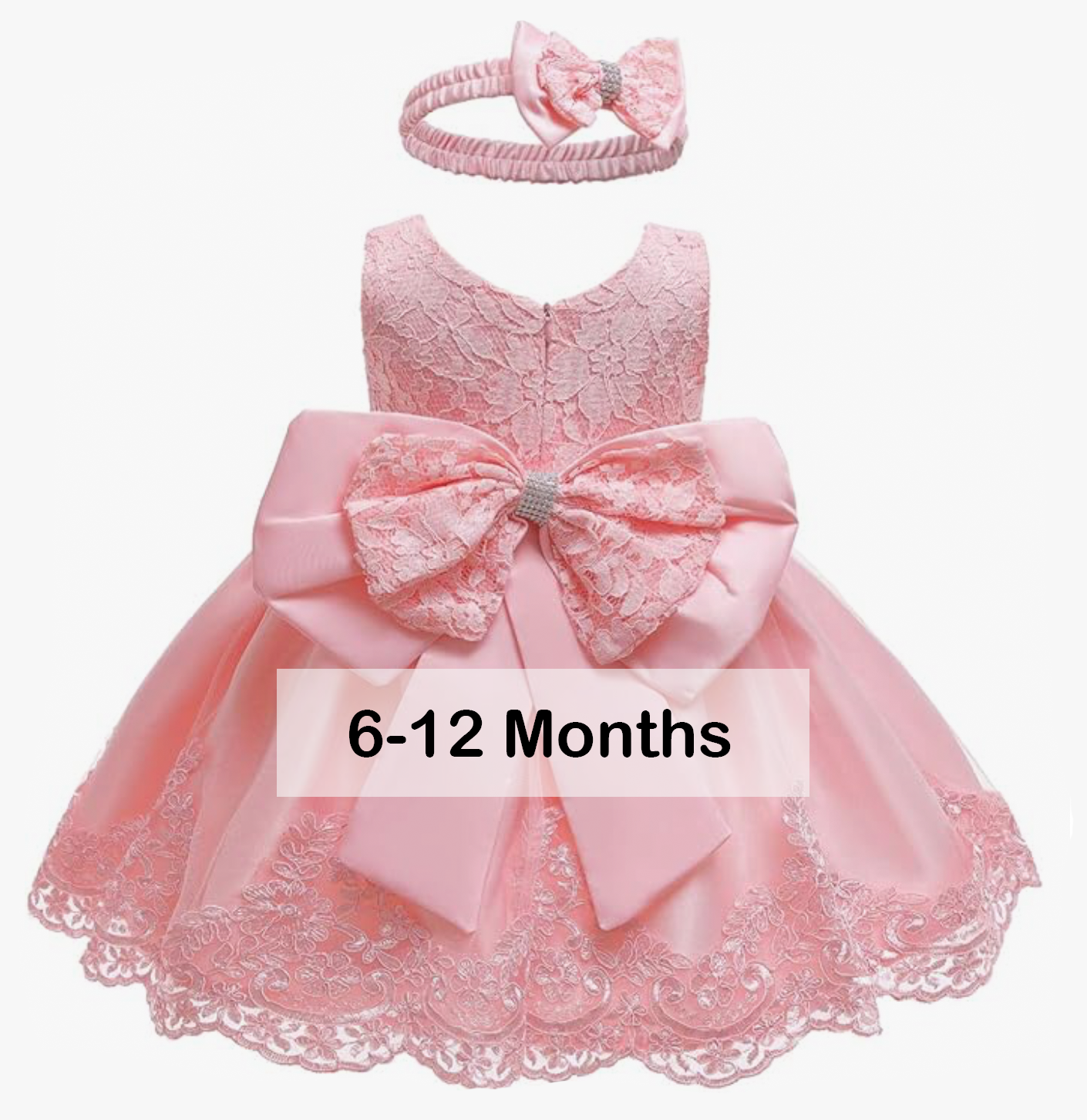 Pink lace baby dress with large bow and matching headband, size 6-12 months.