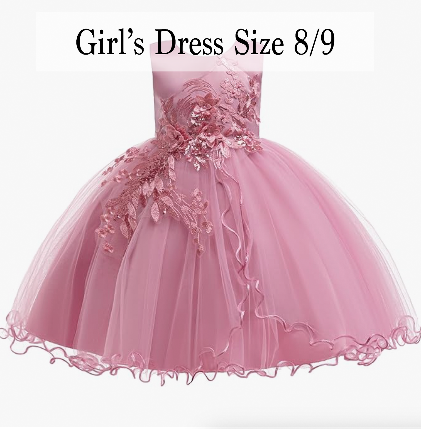 Girls pink tulle ball gown dress with floral appliques, size 8/9.