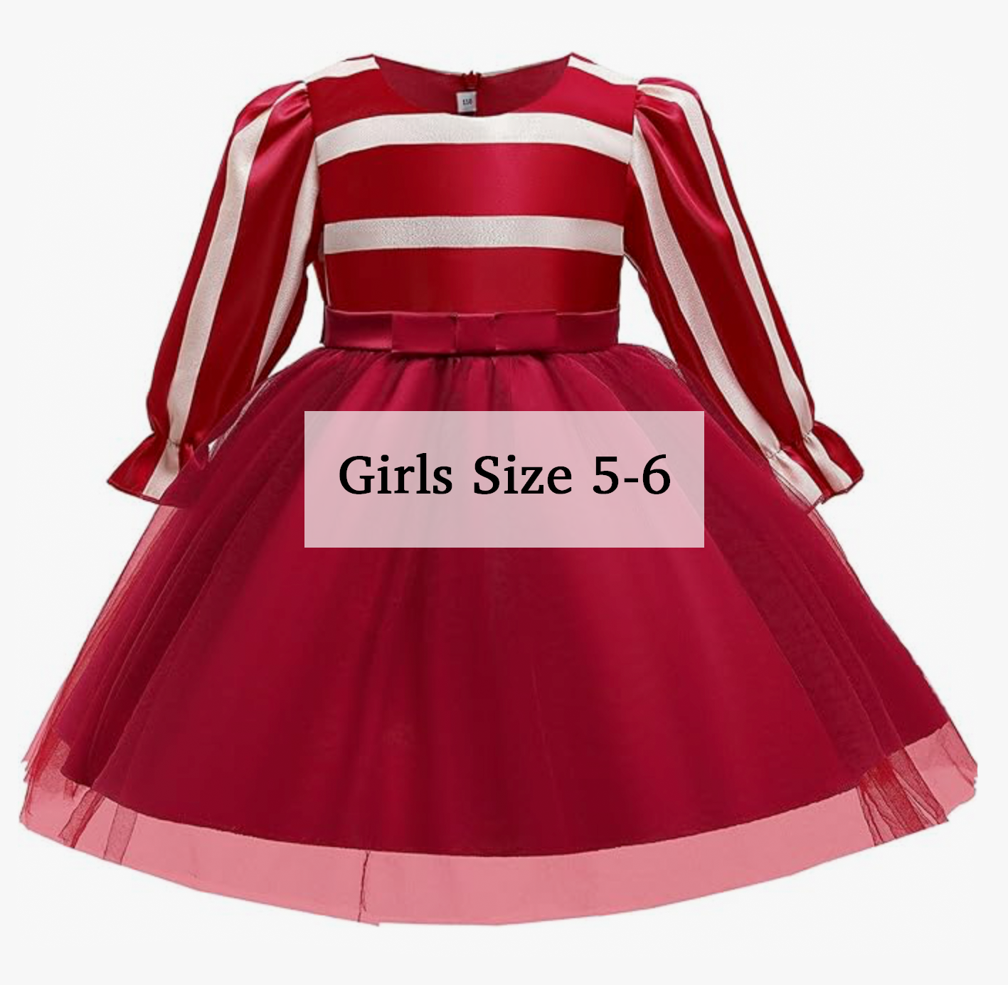 Girls size 5-6 red and white striped long sleeve tulle dress with bow waist.