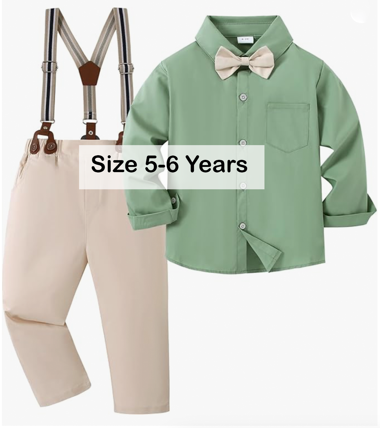 Green long sleeve shirt with bow tie and beige suspender pants set for boys, size 5-6 years.