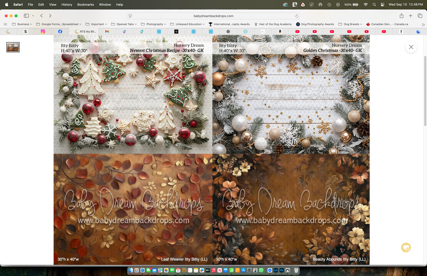 Four festive Christmas backdrop designs featuring ornaments, pinecones, cookies, and holiday decorations on rustic backgrounds.
