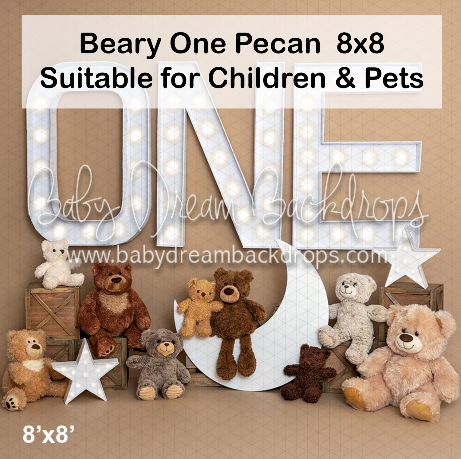 Beary One Pecan 8x8 teddy bear birthday photo backdrop with moon, stars, and wooden crates, suitable for children and pets.