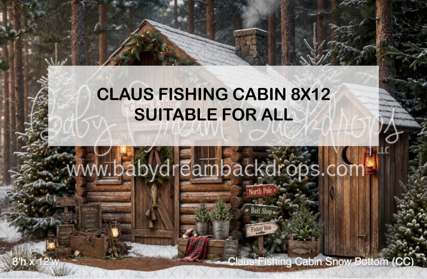 Snow-covered rustic fishing cabin photography backdrop with pine trees, 8x12 ft, suitable for all ages.