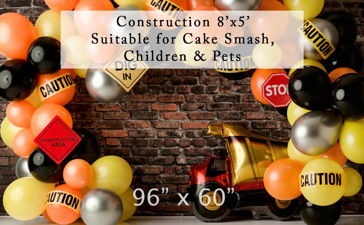 Construction themed 8x5 ft backdrop with caution signs and balloons, perfect for cake smash and children photos.