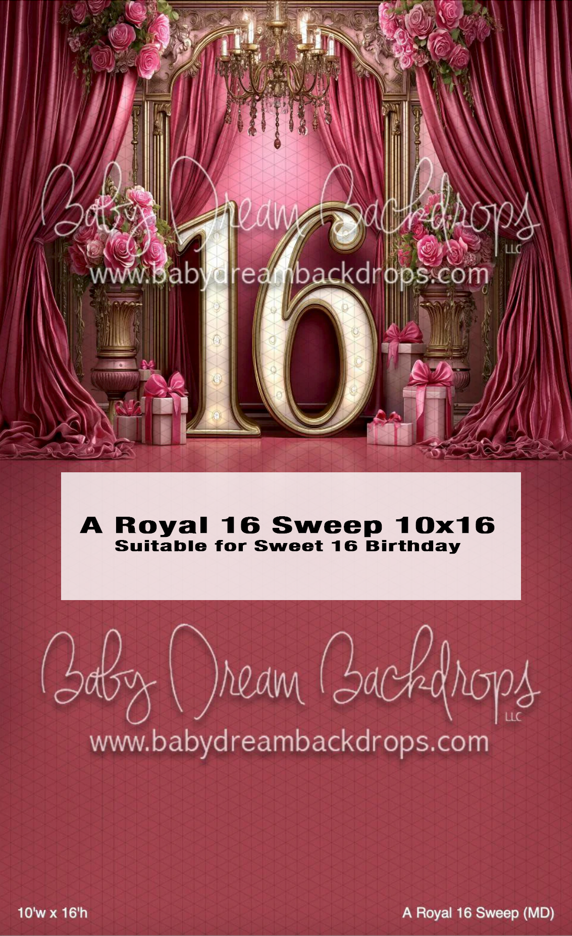 Royal Sweet 16 birthday backdrop with pink curtains, chandelier, gold number 16, roses, and gift boxes, 10x16ft.