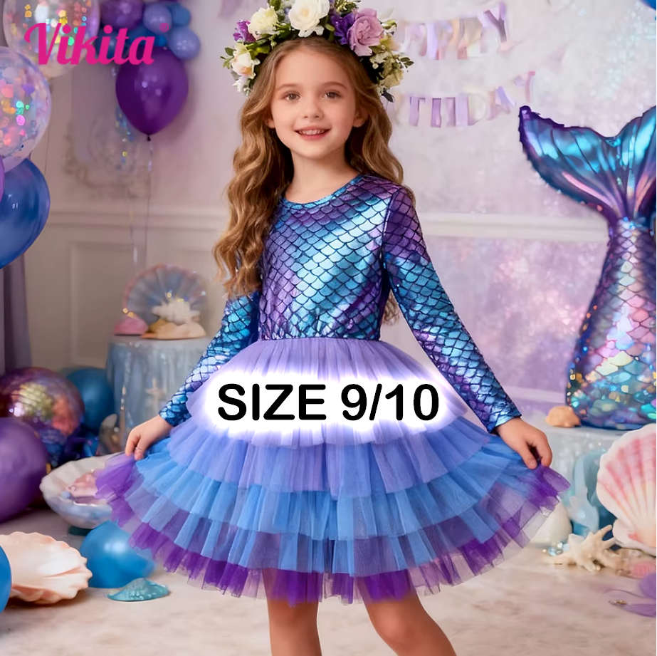 Girl's size 9/10 mermaid birthday dress with iridescent scale bodice and layered purple-blue tulle skirt.