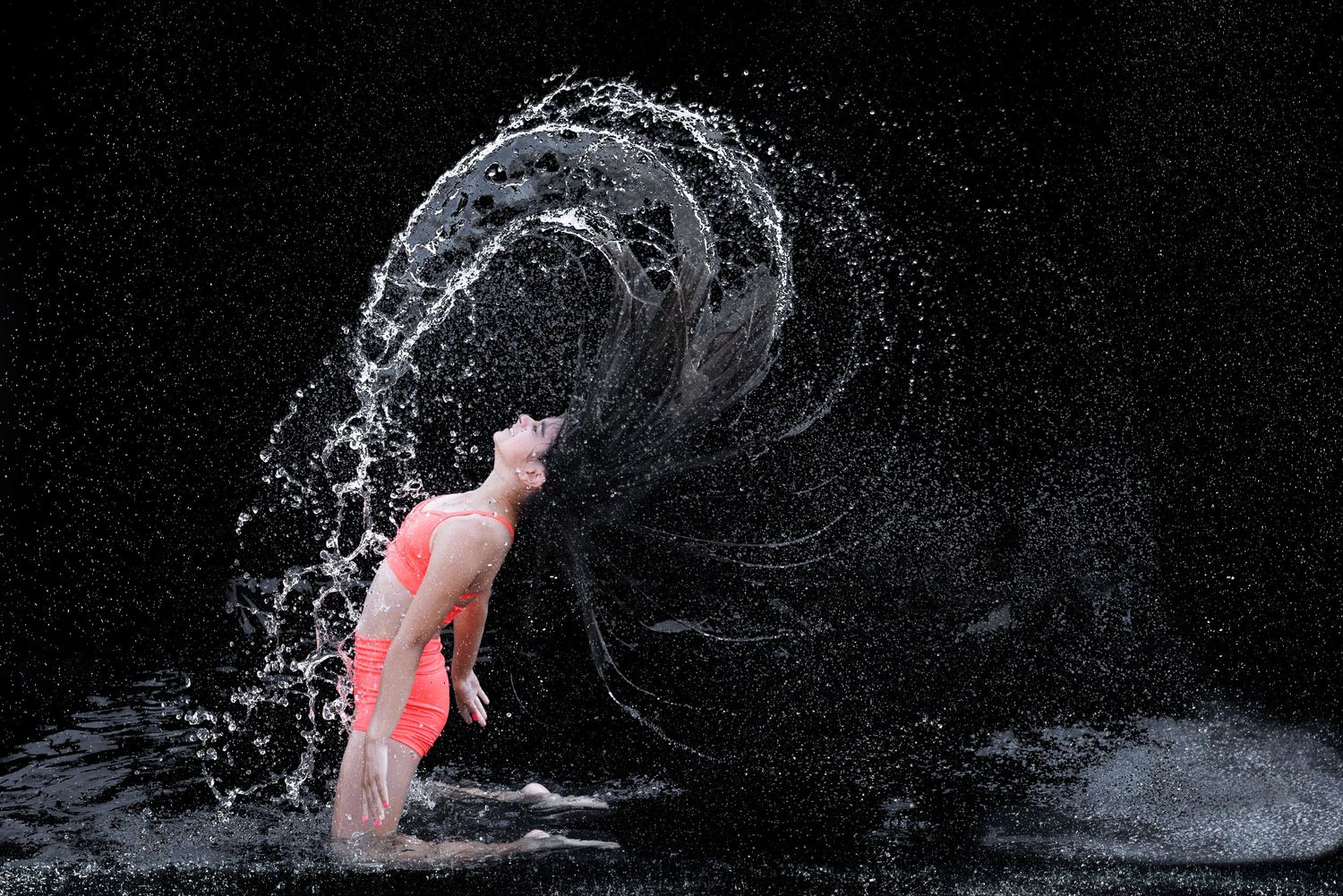 A pink flamingo shakes water dramatically against a black background, creating a stunning spiral splash.