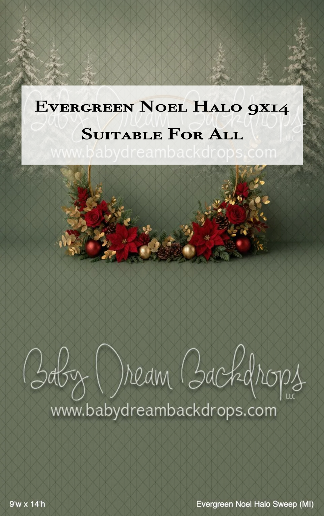 Evergreen Noel Halo Christmas photography backdrop with red poinsettias, gold leaves and ornaments on a sage green background, 9x14.