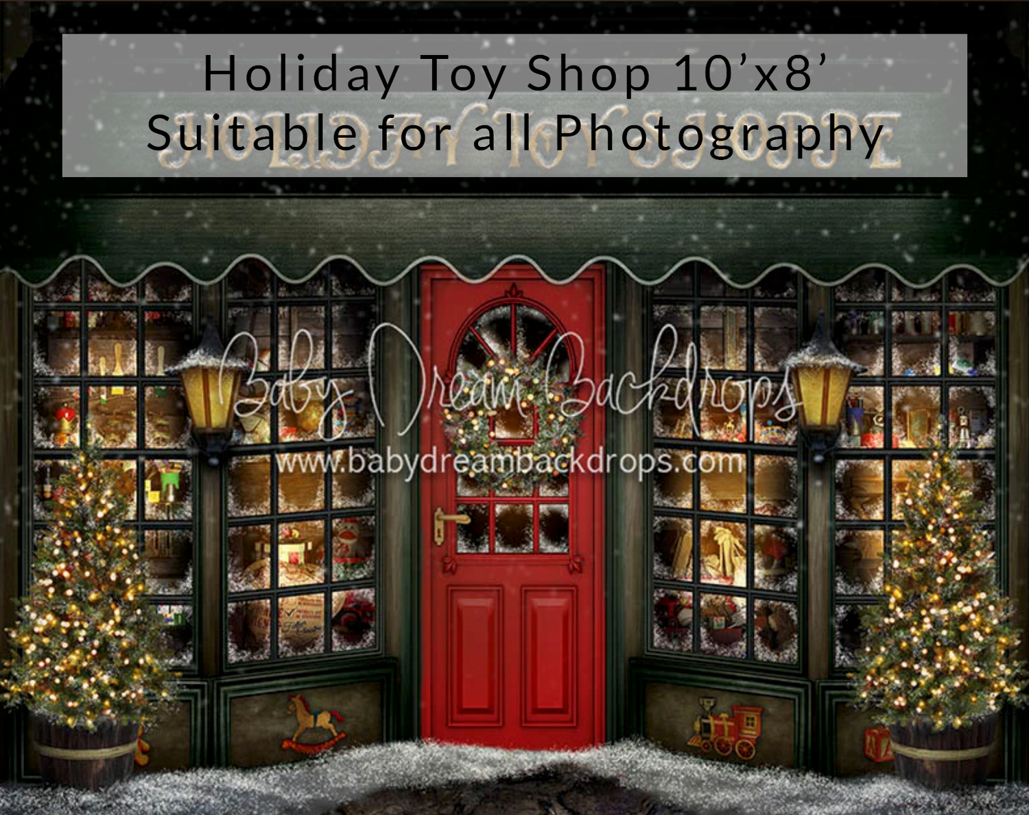 Holiday toy shop photography backdrop featuring a red door, Christmas trees, and festive window displays, 10x8 feet.