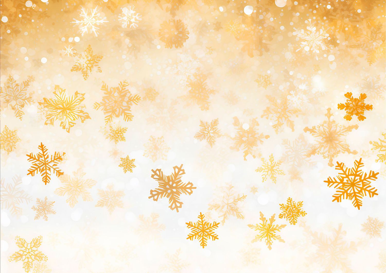 Golden snowflakes of varying sizes scattered on a warm white and gold bokeh Christmas holiday background.