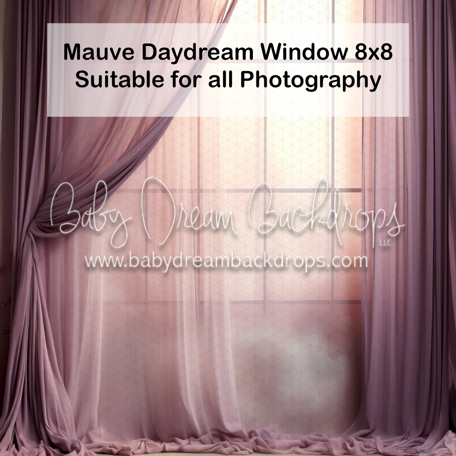 Mauve Daydream Window photography backdrop with soft flowing curtains and warm light creating a dreamy, romantic atmosphere.