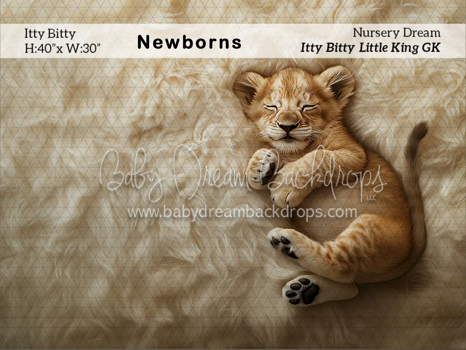 Newborn photography backdrop featuring a sleeping baby lion cub on a soft beige fur texture background.