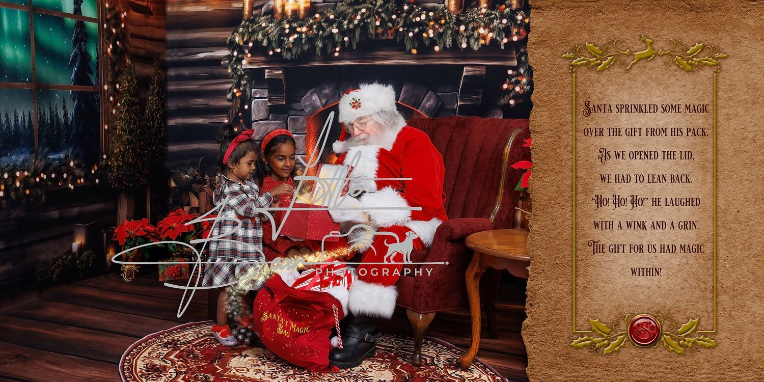 A young girl sits on Santa Claus's lap in a festive holiday portrait with warm wooden backdrop and Christmas decorations.