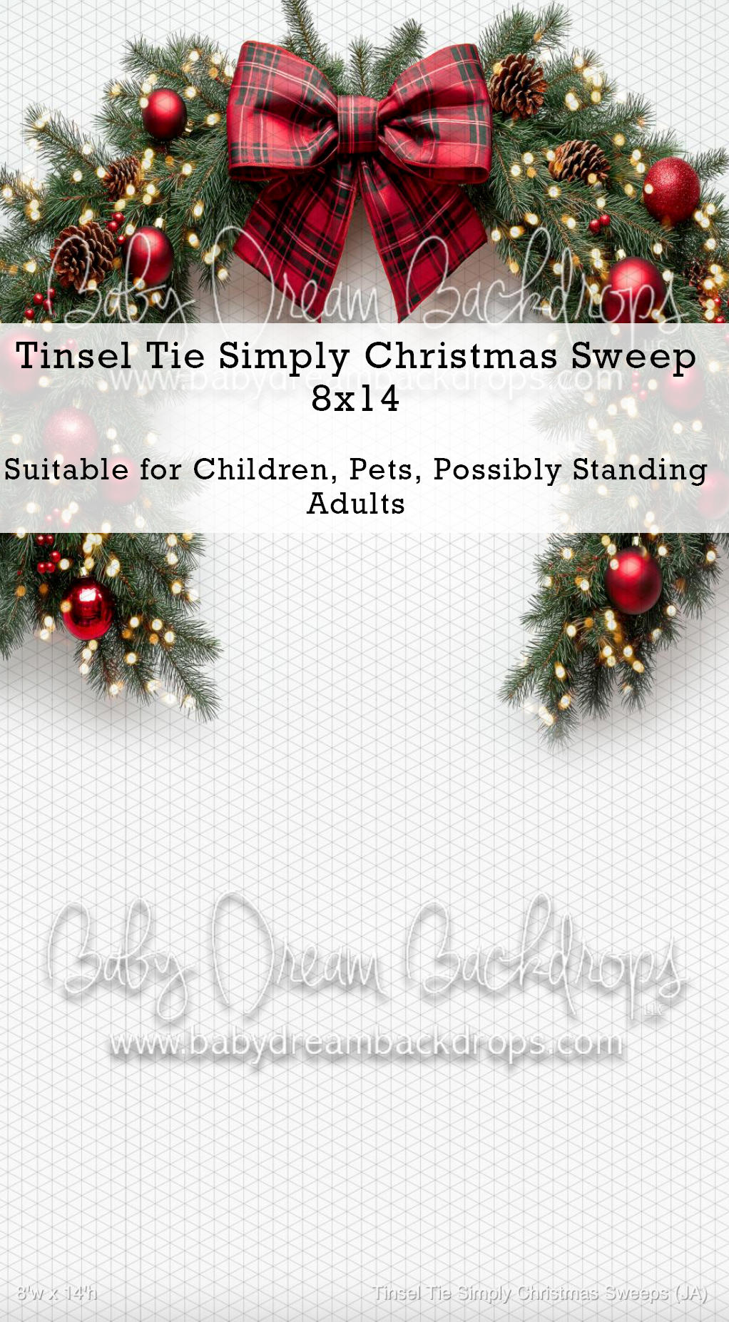 Tinsel Tie Simply Christmas Sweep 8x14 backdrop with pine garland, plaid bow, and red ornaments.