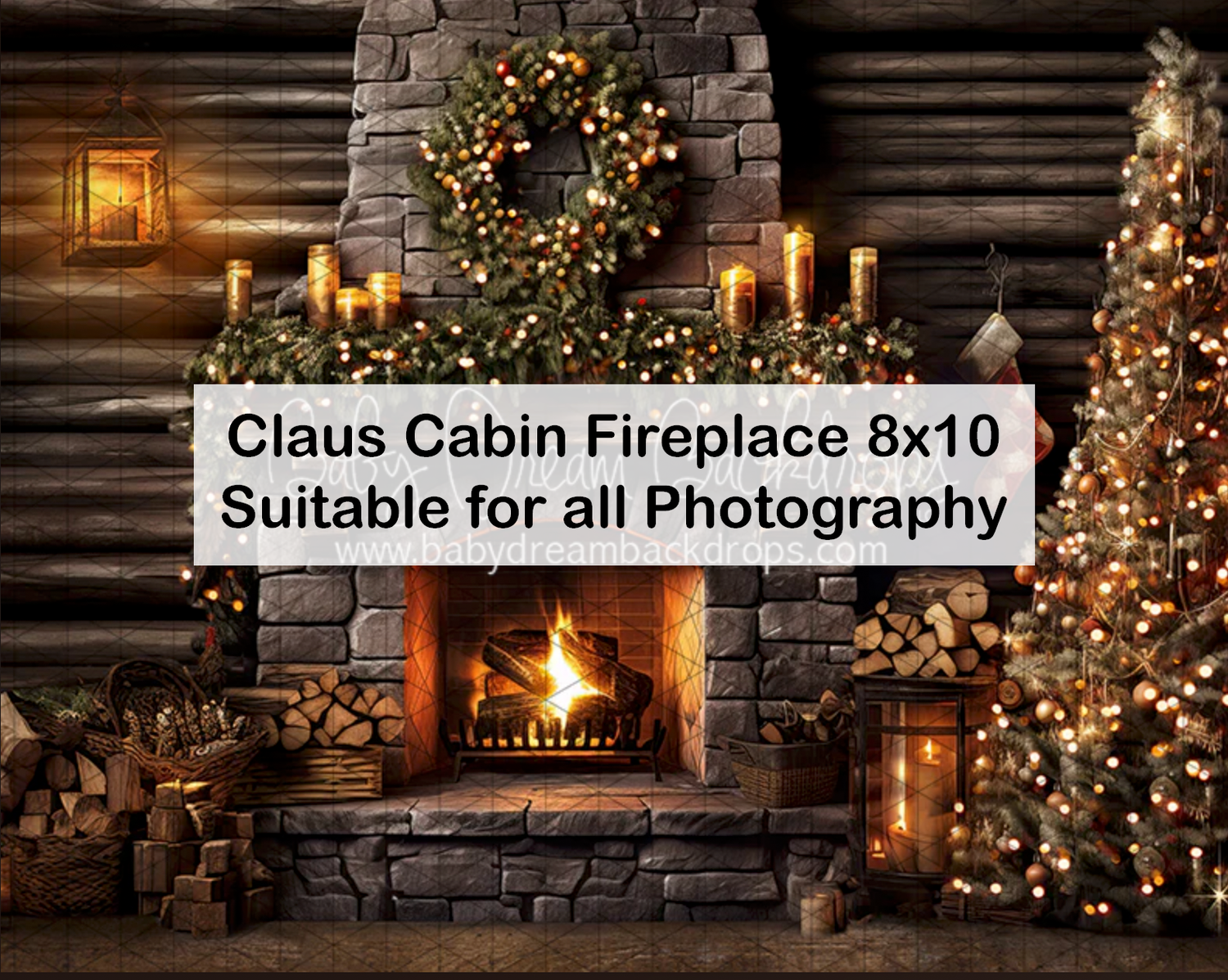 Claus Cabin Fireplace photography backdrop with stone hearth, Christmas tree, and warm lighting, 8x10ft.
