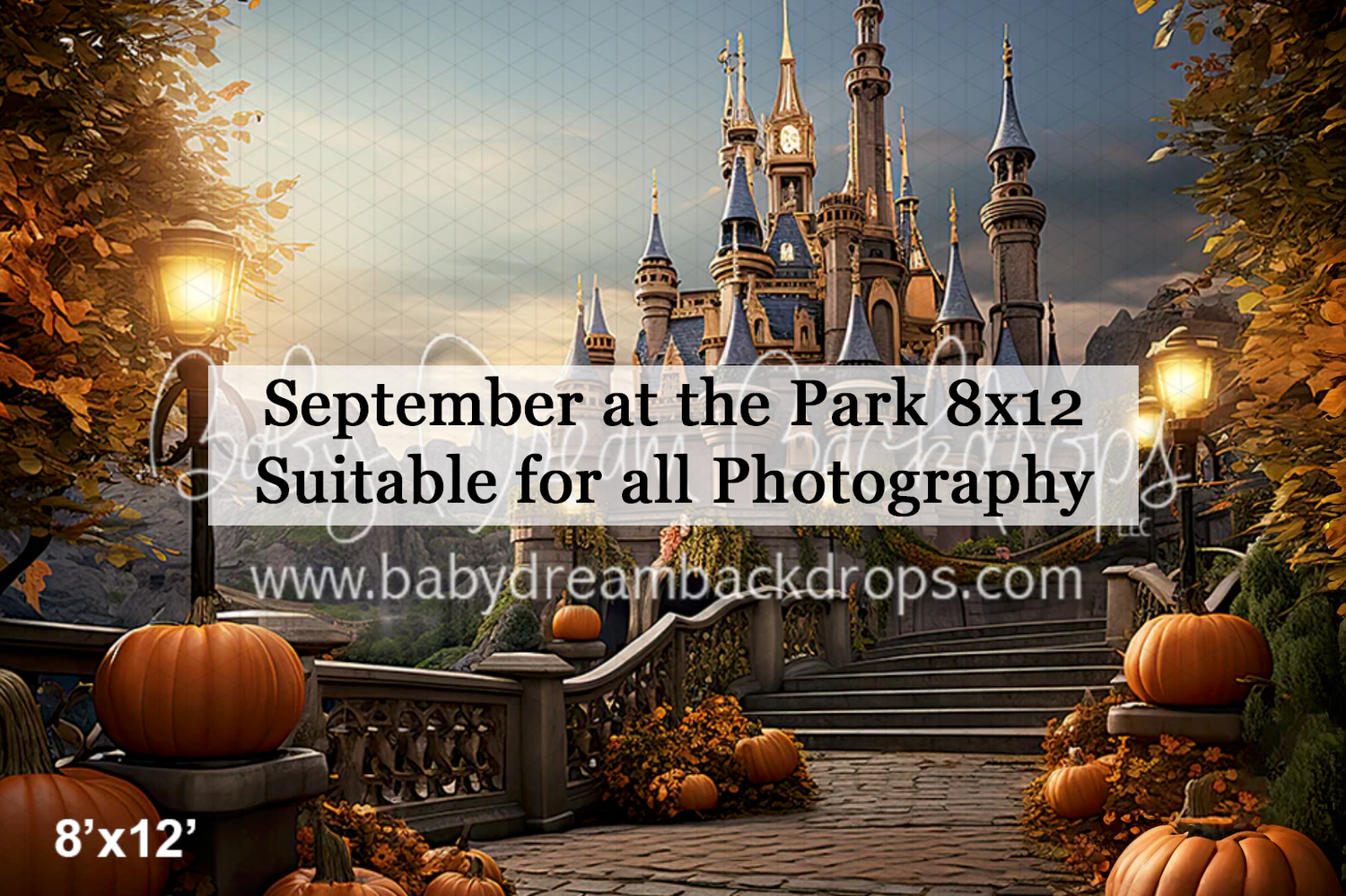 Fantasy castle autumn photography backdrop with pumpkins and warm lighting, 8x12ft by Baby Dream Backdrops.