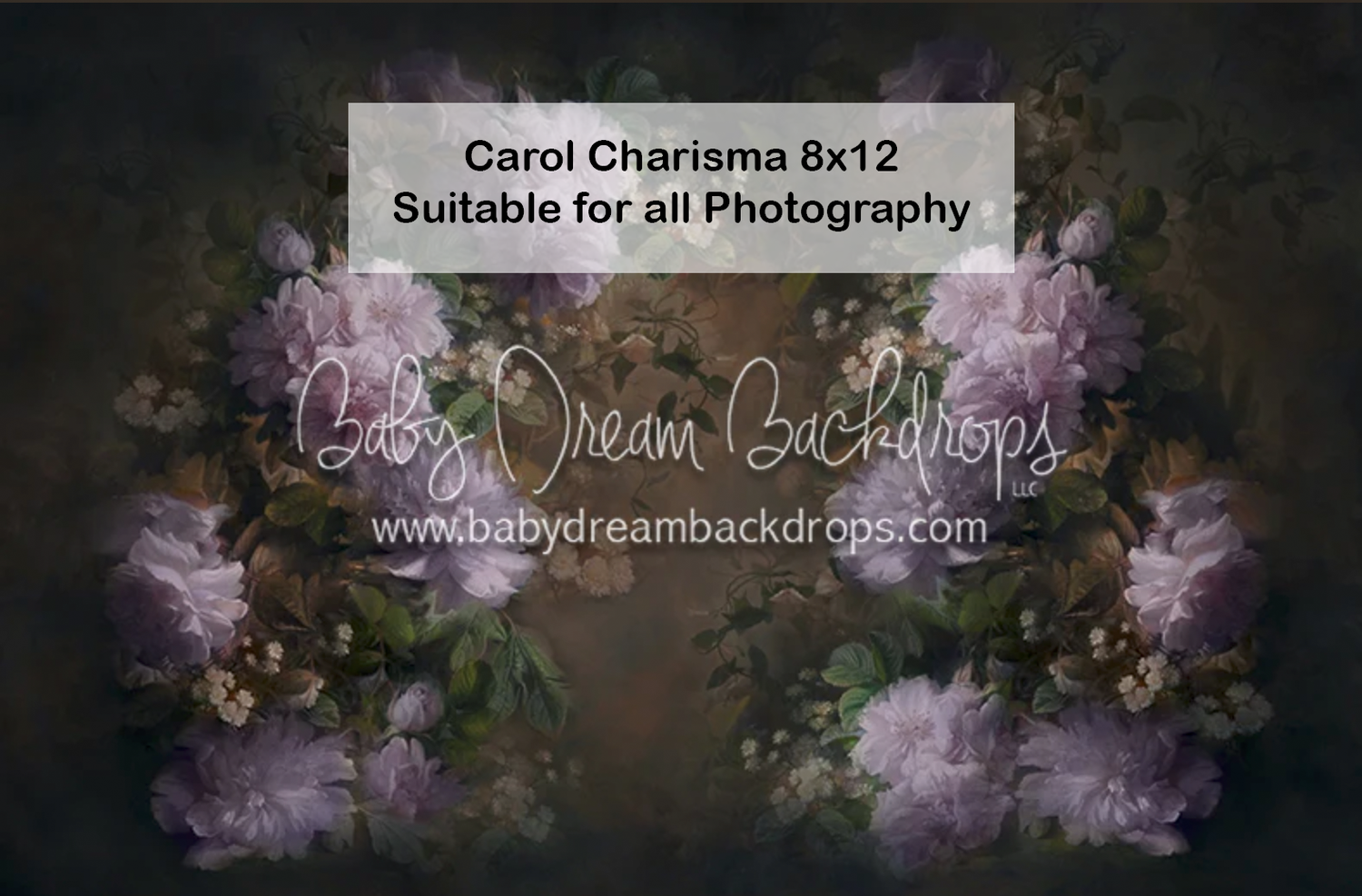 Carol Charisma 8x12 dark floral photography backdrop with rich purple and green blooms on dark background.