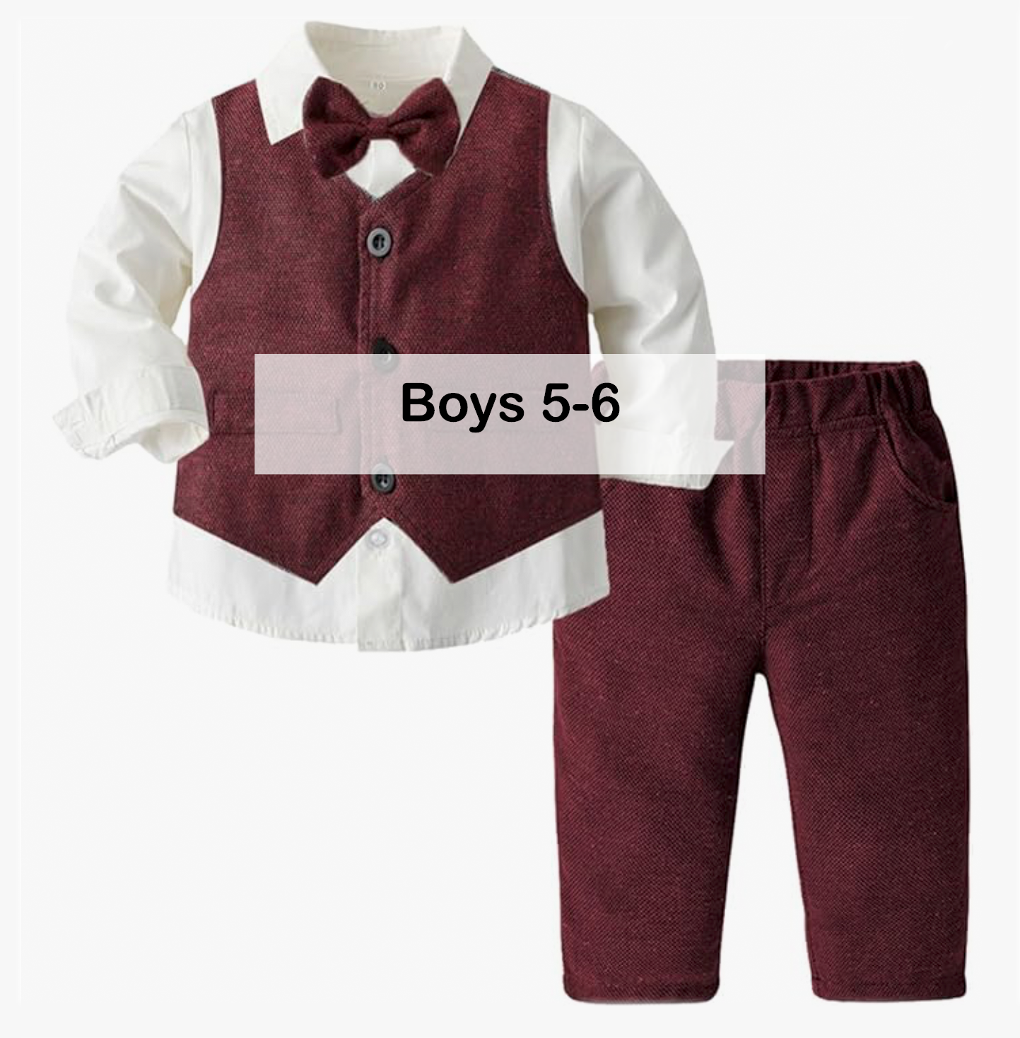 Boys burgundy formal vest, bow tie, dress shirt and pants outfit set, size 5-6.