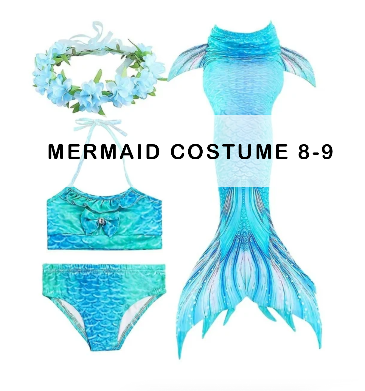 Blue mermaid costume swimsuit set for girls size 8-9 with floral crown.