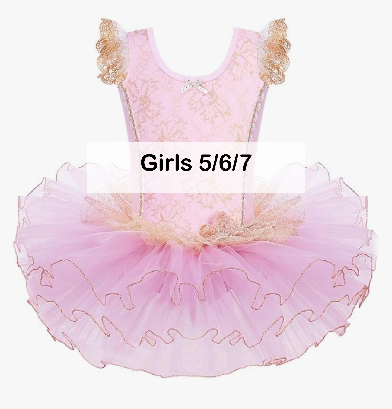Girls pink ballet tutu dress with gold lace and ruffle sleeves, size 5/6/7.