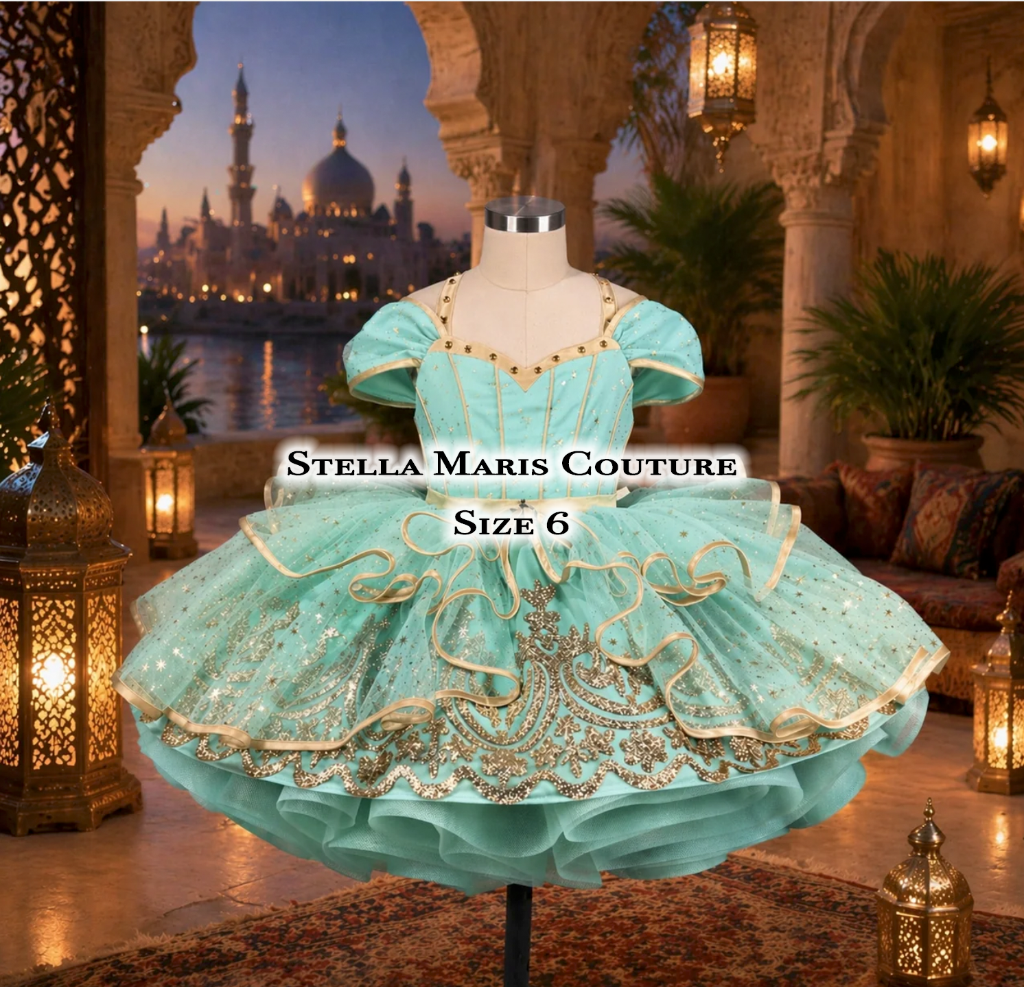 Stella Maris Couture size 6 teal green girls pageant dress with gold embroidery and tiered ruffled skirt.