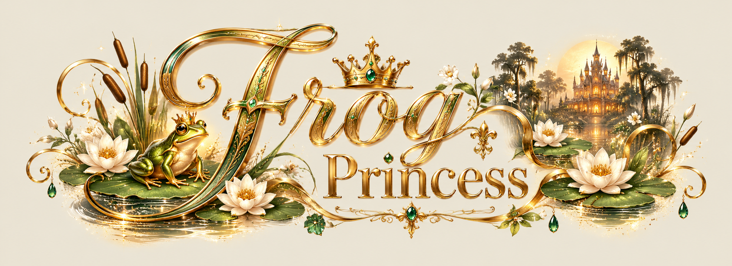 Golden ornate Frog Princess logo with crown, lily pads, white flowers, and a fairy tale castle backdrop.