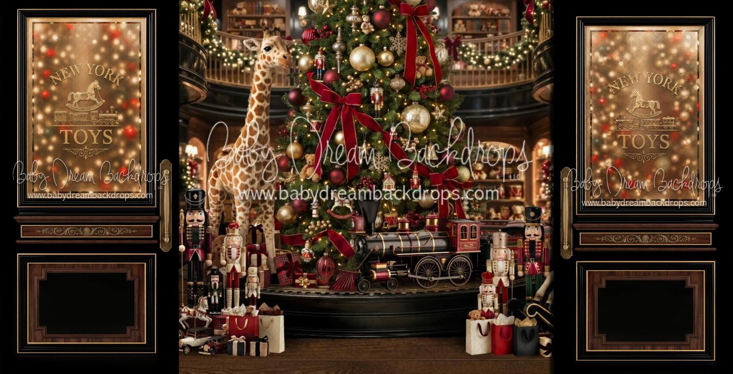 Festive Christmas backdrop with decorated tree, giraffe, nutcrackers, gifts, and ornate holiday toy shop setting.